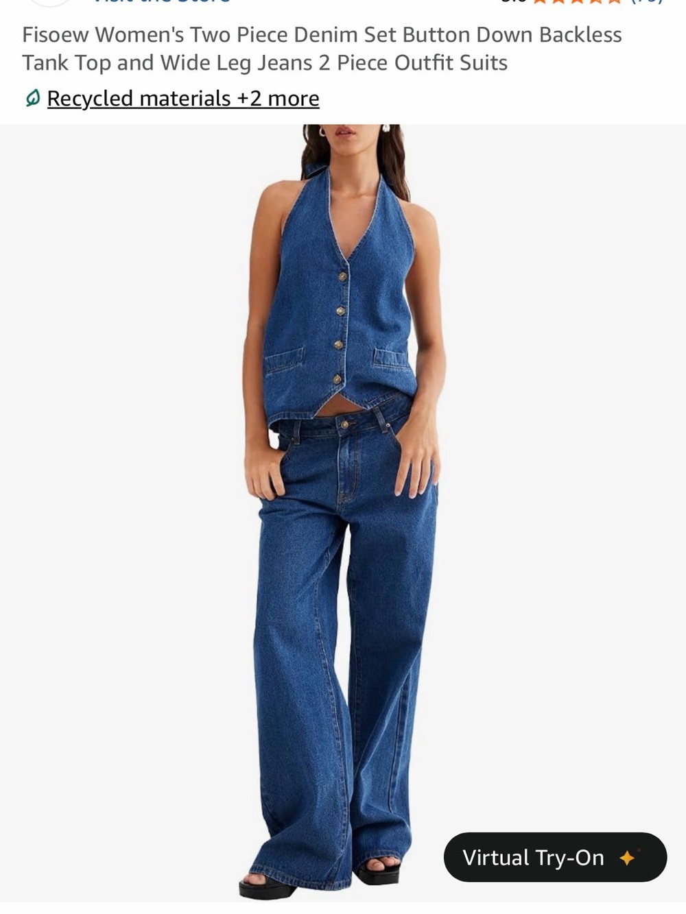 Two-Piece Denim Set - Blue Wide Leg Jeans with Button Vest